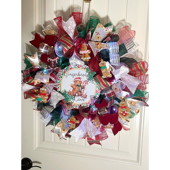 Handmade Gingerbread Love Christmas Holiday Ribbon Door Wreath 22 ins W56 - Picture 3 of 13